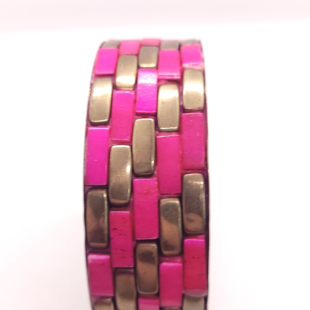 Pink & Gold Tone Brick Mosaic Bangle Bracelet Size 8 Statement Jewelry
